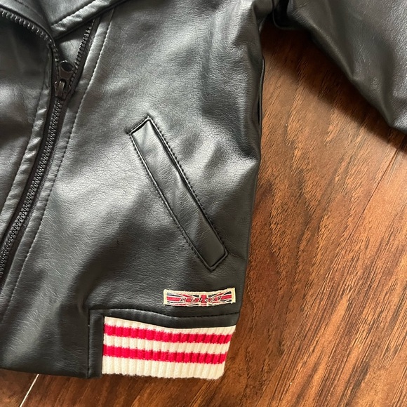 Hudson Black Faux Leather Bomber Jacket with Red Stripes-Size 24 months - Picture 3 of 9